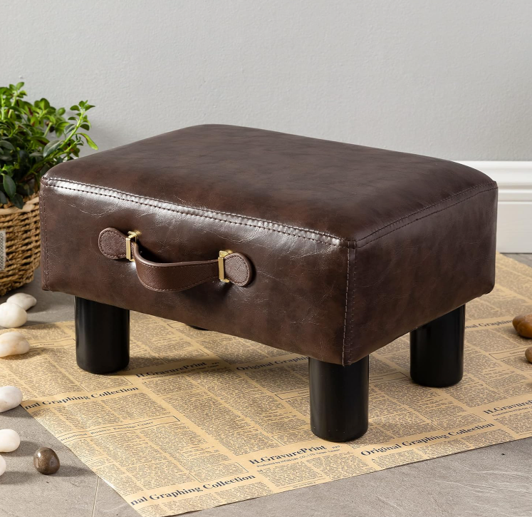 Rectangular faux leather storage foot stool with portable handle and plastic legs, thick padded seat, multi-use small step stool for living room, office, desk and patio